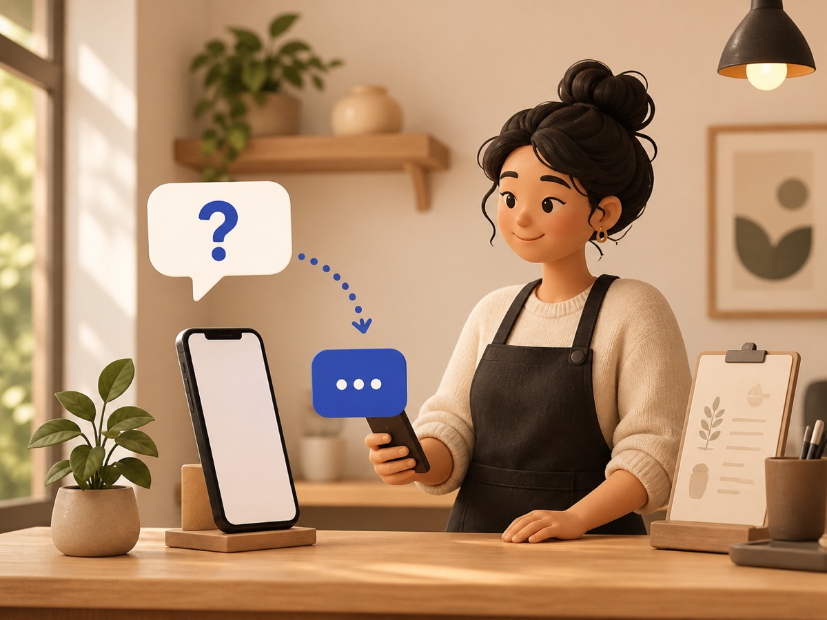 Editorial illustration of a small business owner answering a customer question